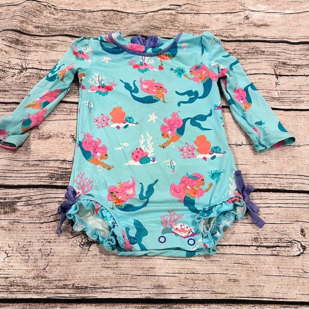 Hatley Blue and Pink Rash Guard Swimsuit With Mermaid Theme Size 3-6 Months